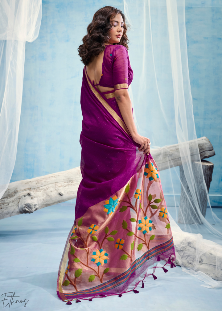 Royal Purple Jardin Woven Munga Silk Saree