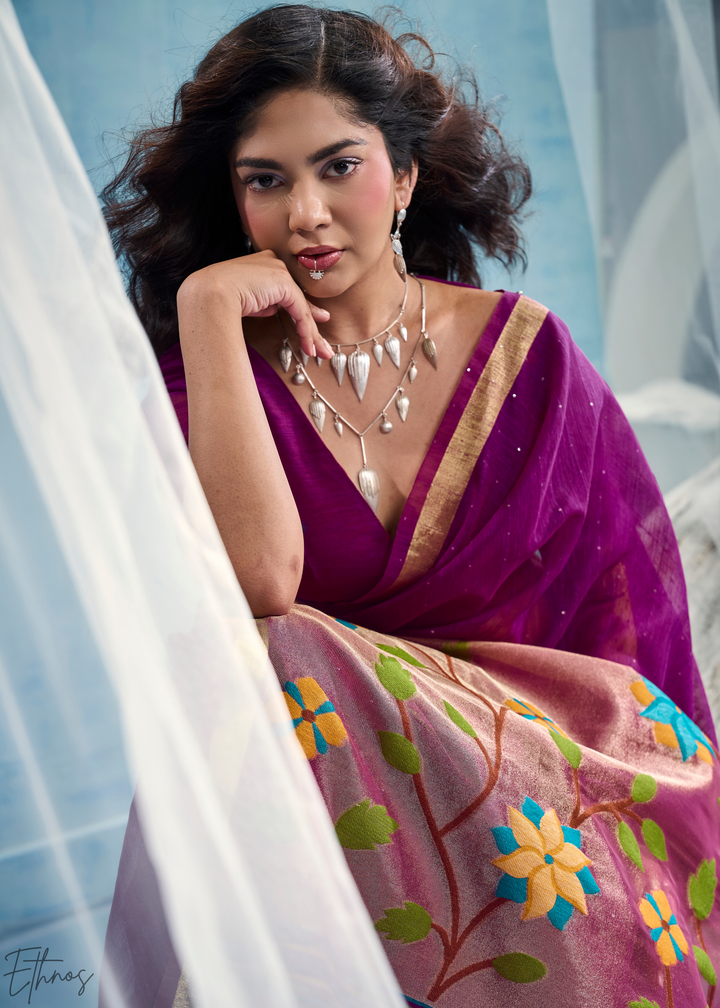 Royal Purple Jardin Woven Munga Silk Saree