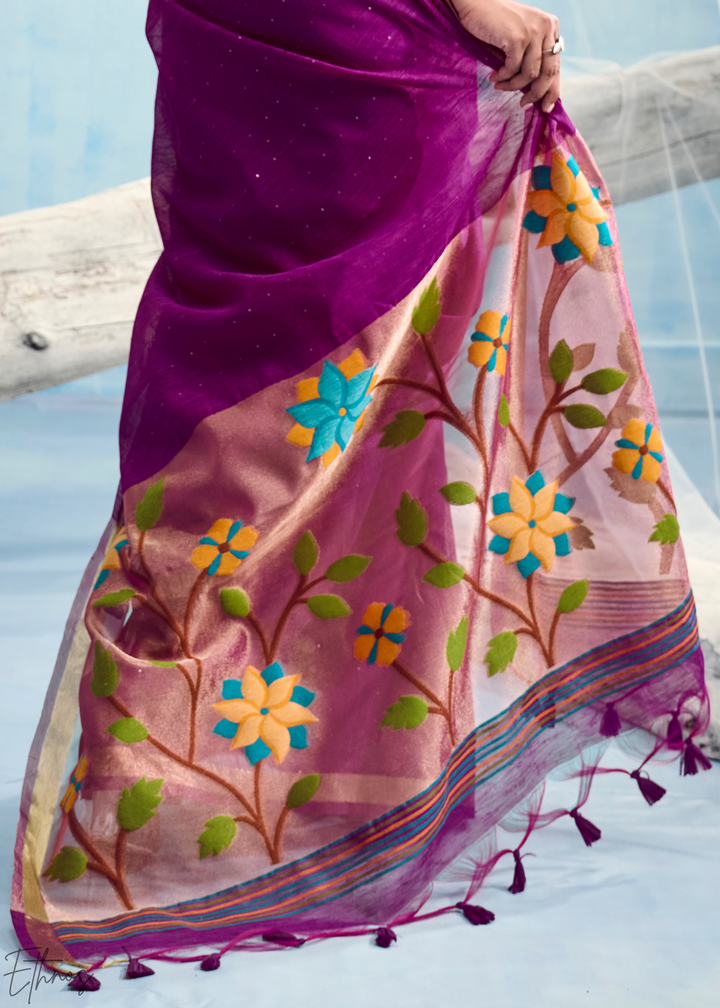 Royal Purple Jardin Woven Munga Silk Saree