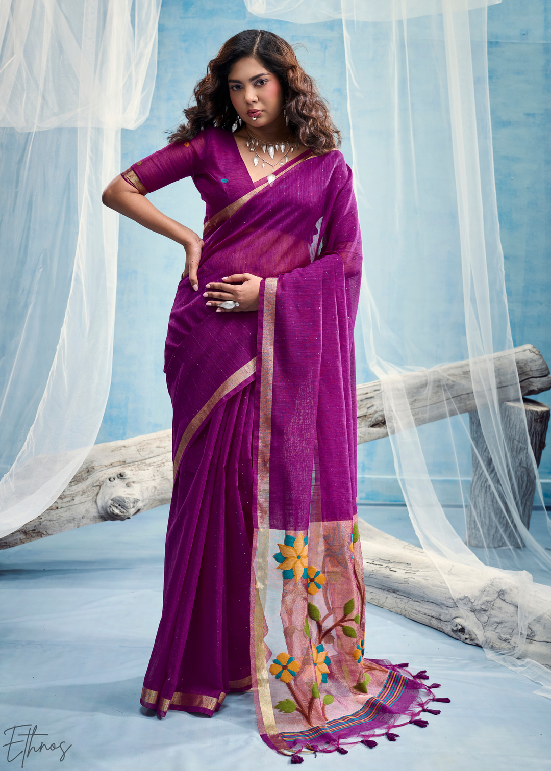 Royal Purple Jardin Woven Munga Silk Saree
