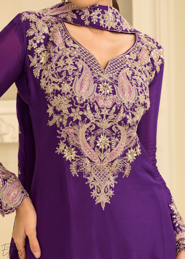 Royal Purple Majestic Baroque Georgette Sharara Suit