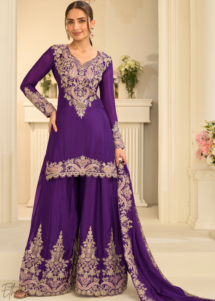Royal Purple Majestic Baroque Georgette Sharara Suit