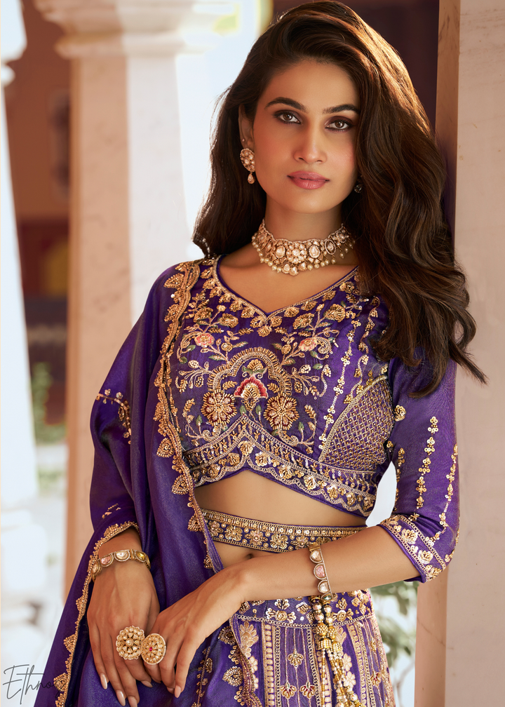 Royal Purple Paisley Weave Banarasi Silk Lehenga Choli