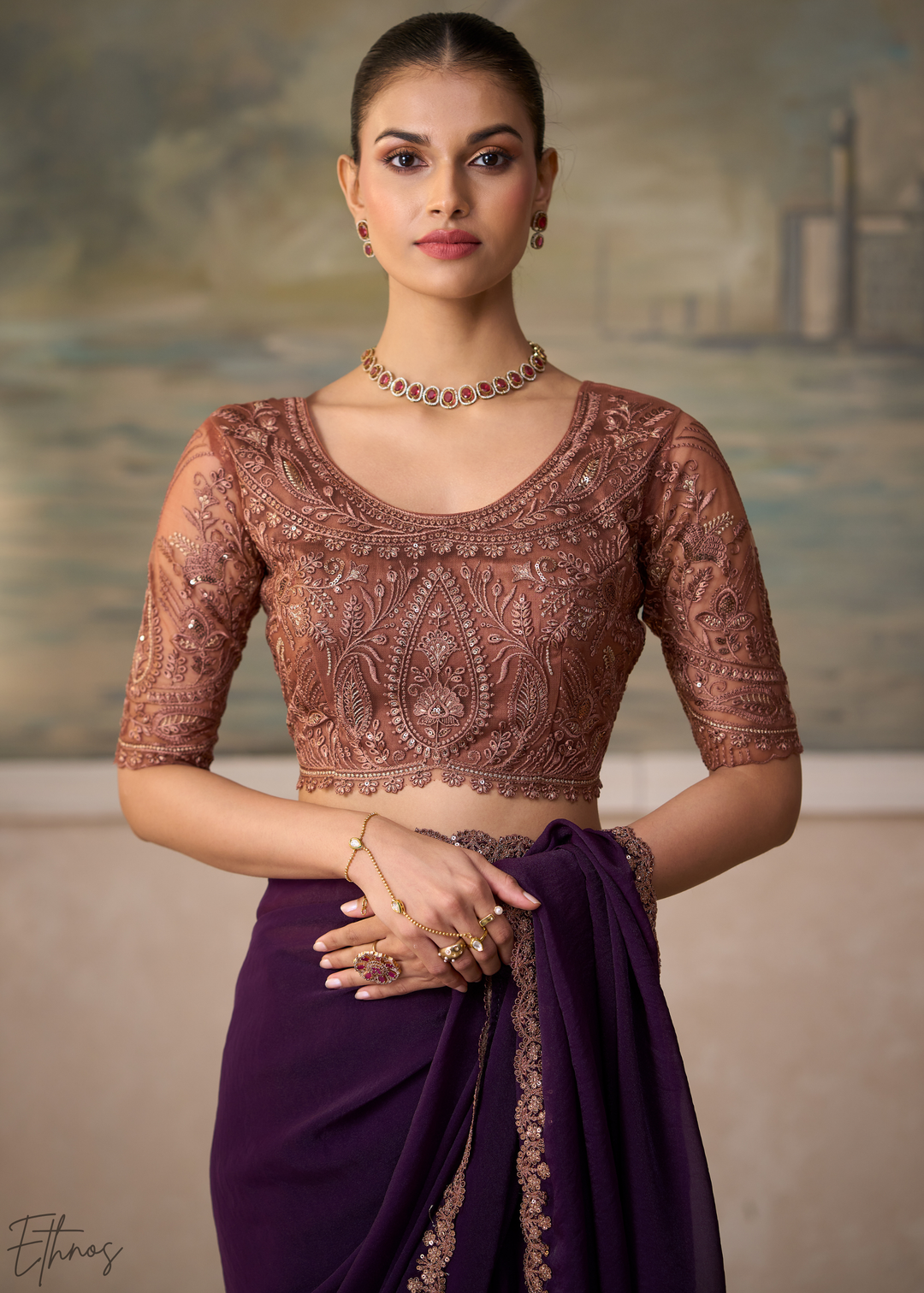 Royal Purple Ruffle Border Georgette Saree