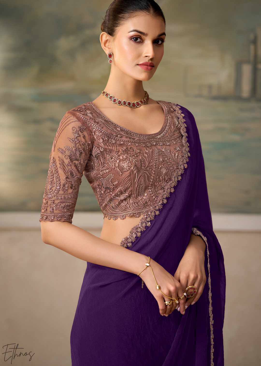 Royal Purple Ruffle Border Georgette Saree