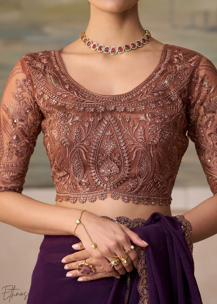 Royal Purple Ruffle Border Georgette Saree