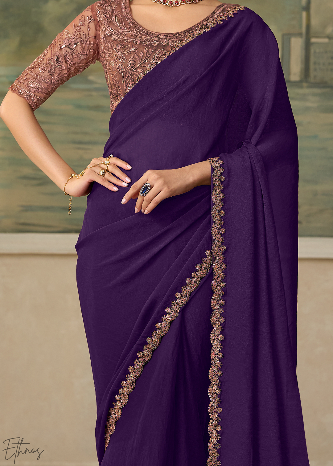 Royal Purple Ruffle Border Georgette Saree