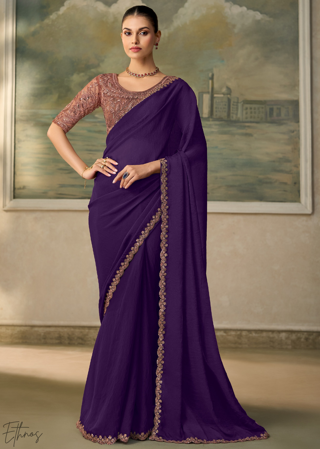 Royal Purple Ruffle Border Georgette Saree