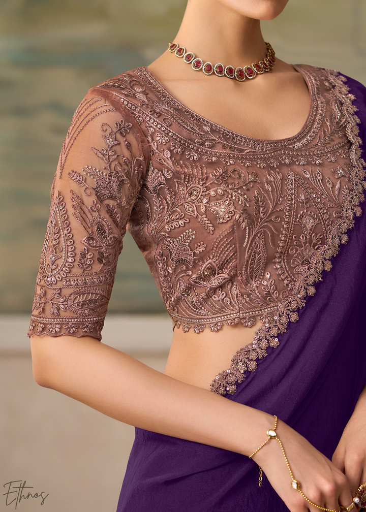 Royal Purple Ruffle Border Georgette Saree