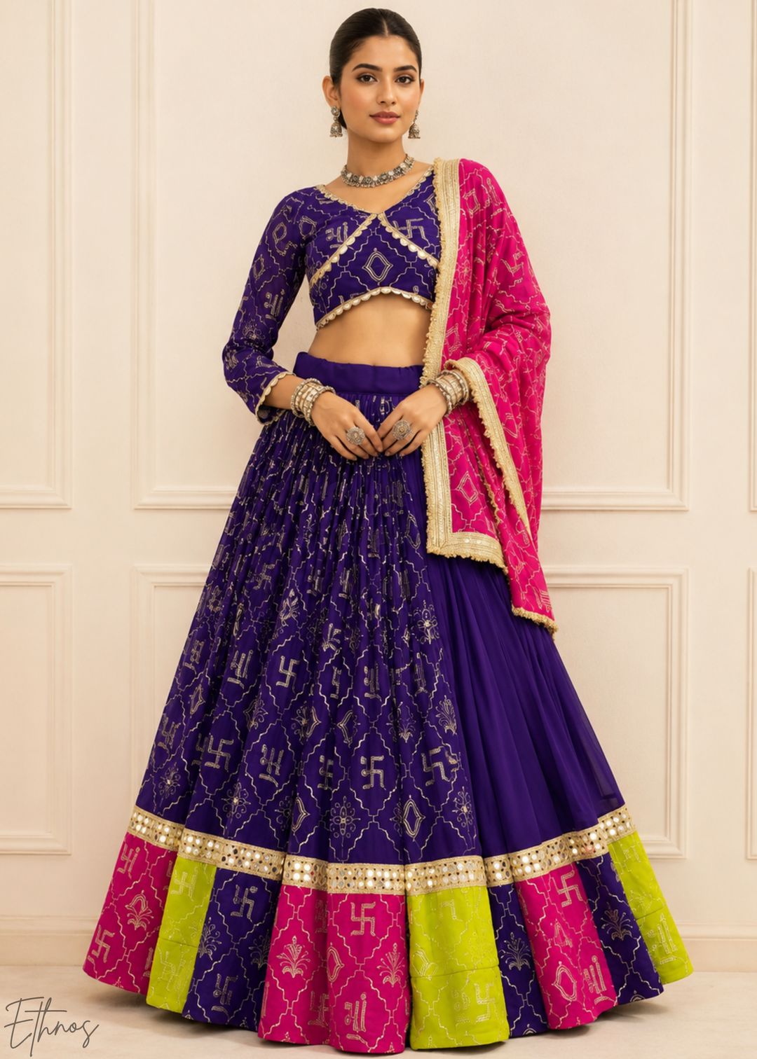 Royal Purple Traditional Paneled Border Faux Georgette Lehenga Choli