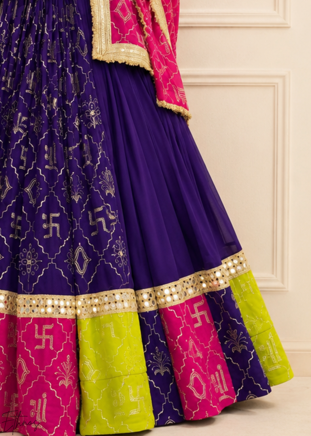 Royal Purple Traditional Paneled Border Faux Georgette Lehenga Choli