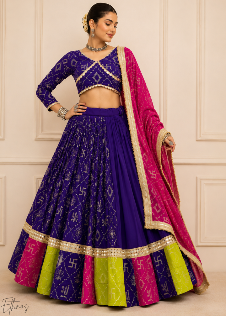 Royal Purple Traditional Paneled Border Faux Georgette Lehenga Choli