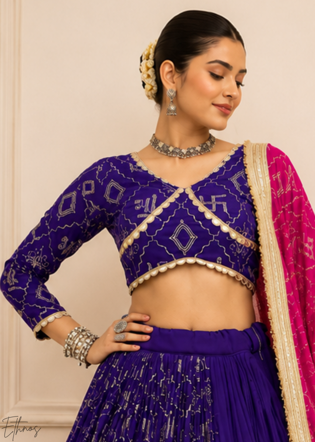 Royal Purple Traditional Paneled Border Faux Georgette Lehenga Choli