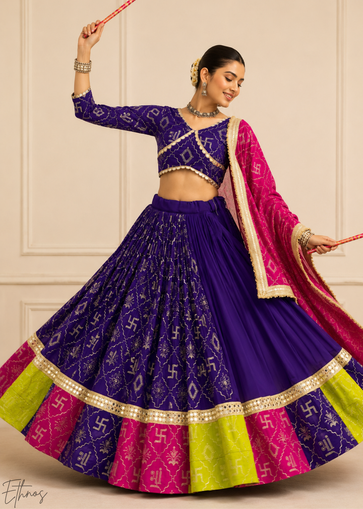 Royal Purple Traditional Paneled Border Faux Georgette Lehenga Choli