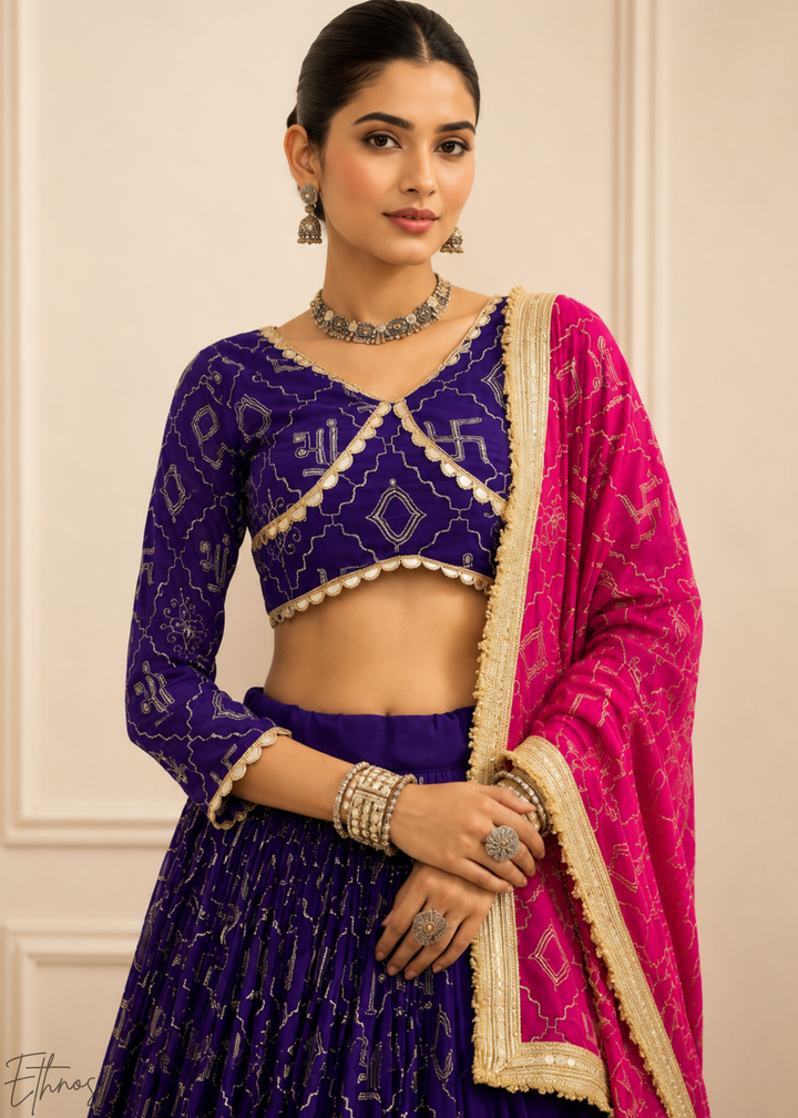 Royal Purple Traditional Paneled Border Faux Georgette Lehenga Choli
