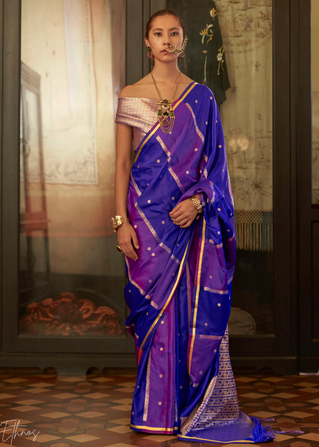 Royal Purple & Amethyst Geometric Rangkat Satin Saree