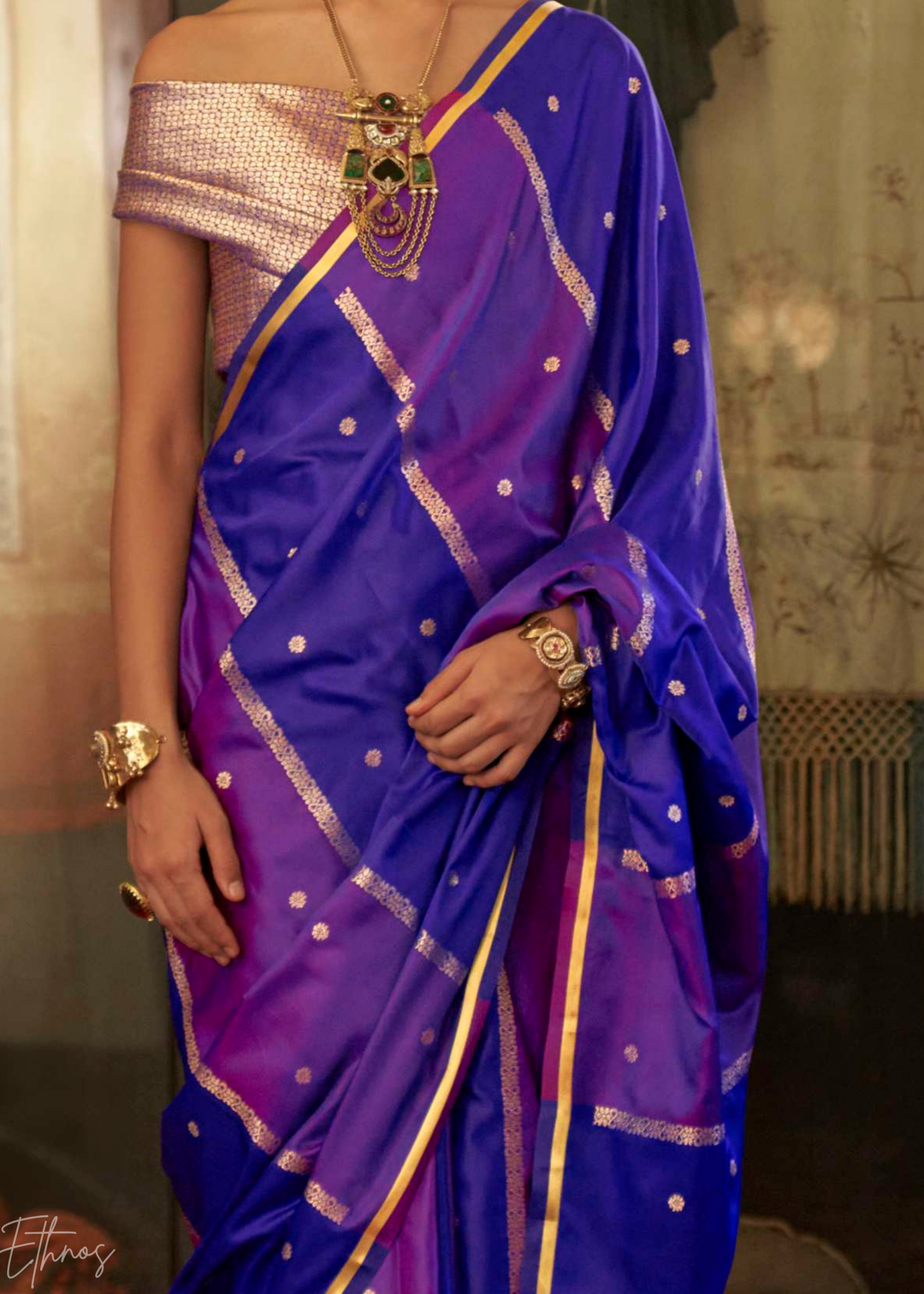 Royal Purple & Amethyst Geometric Rangkat Satin Saree