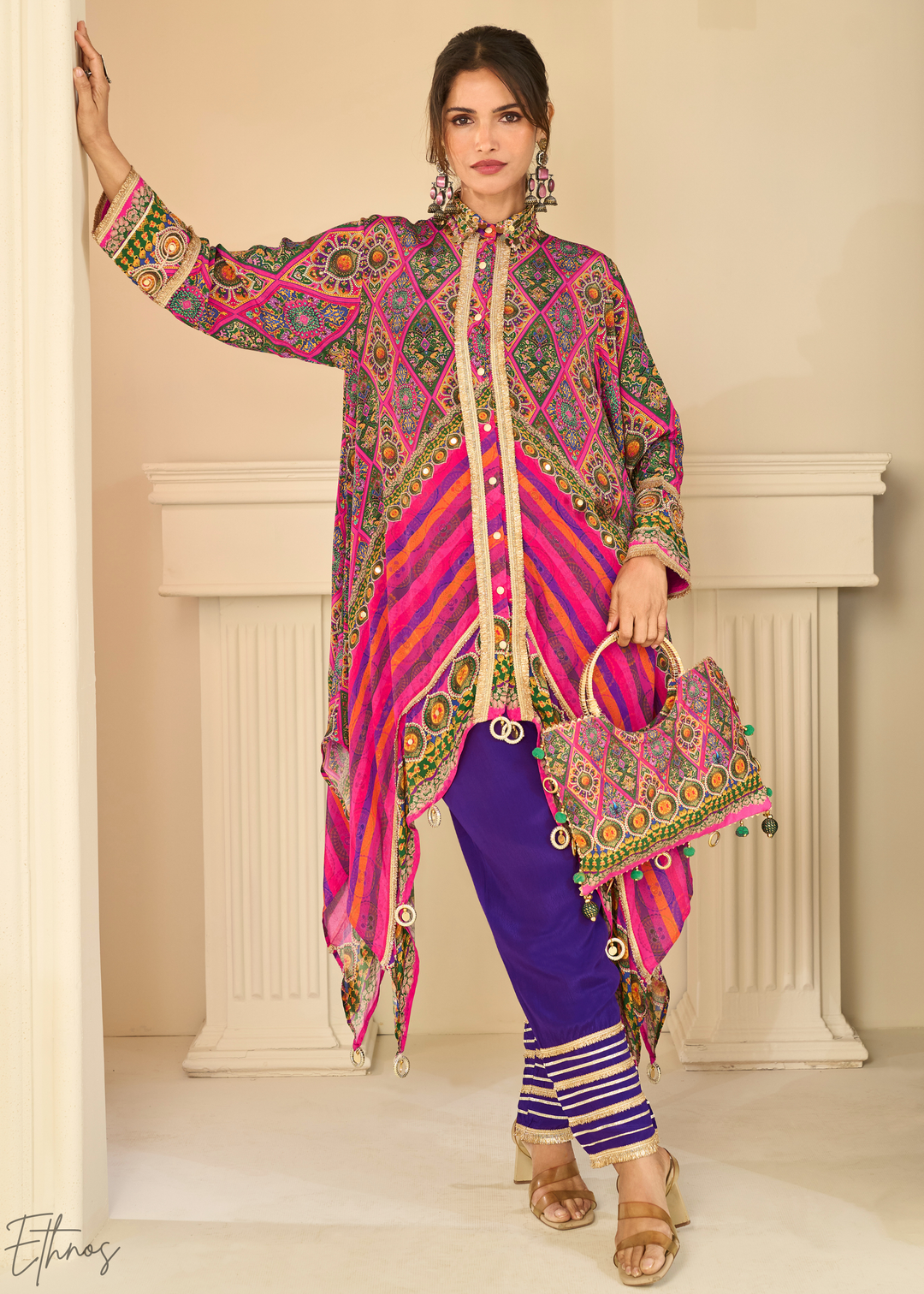 Royal Purple & Pink Abstract Geometric Lawn Tunic Set