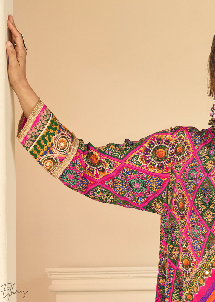 Royal Purple & Pink Abstract Geometric Lawn Tunic Set