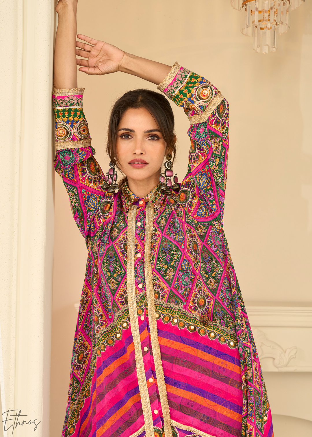 Royal Purple & Pink Abstract Geometric Lawn Tunic Set