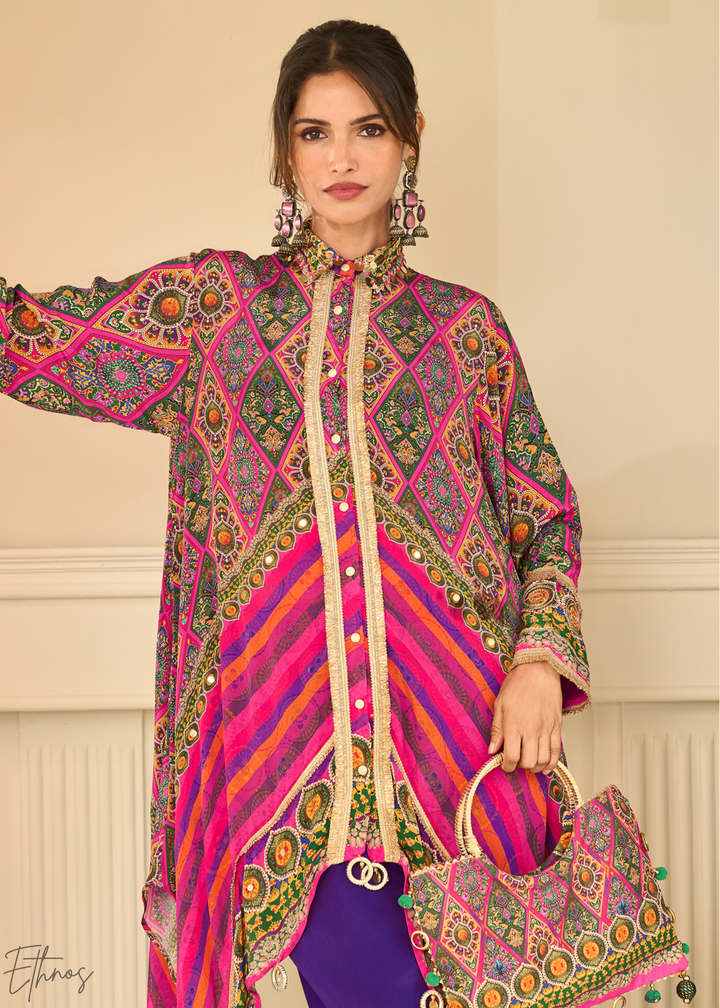 Royal Purple & Pink Abstract Geometric Lawn Tunic Set