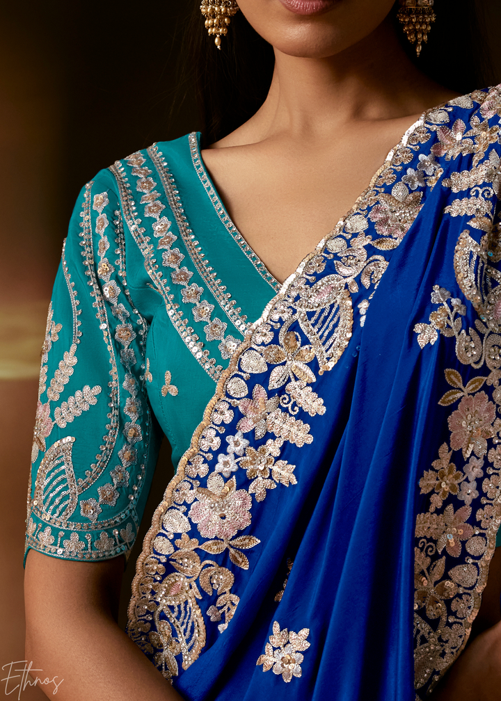 Royal Sapphire Cutwork Scallop Border Organza Saree