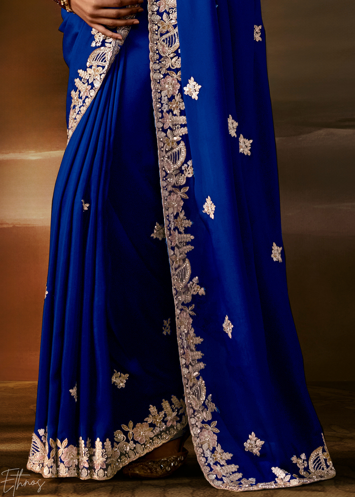 Royal Sapphire Cutwork Scallop Border Organza Saree