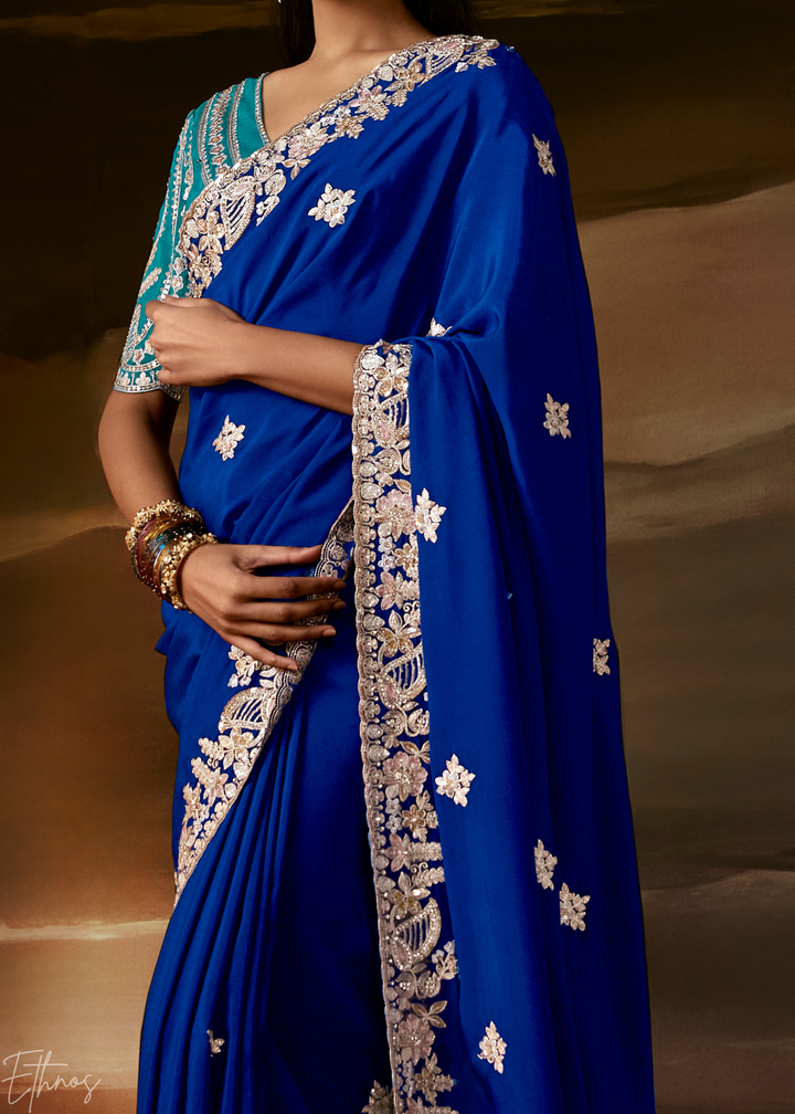 Royal Sapphire Cutwork Scallop Border Organza Saree