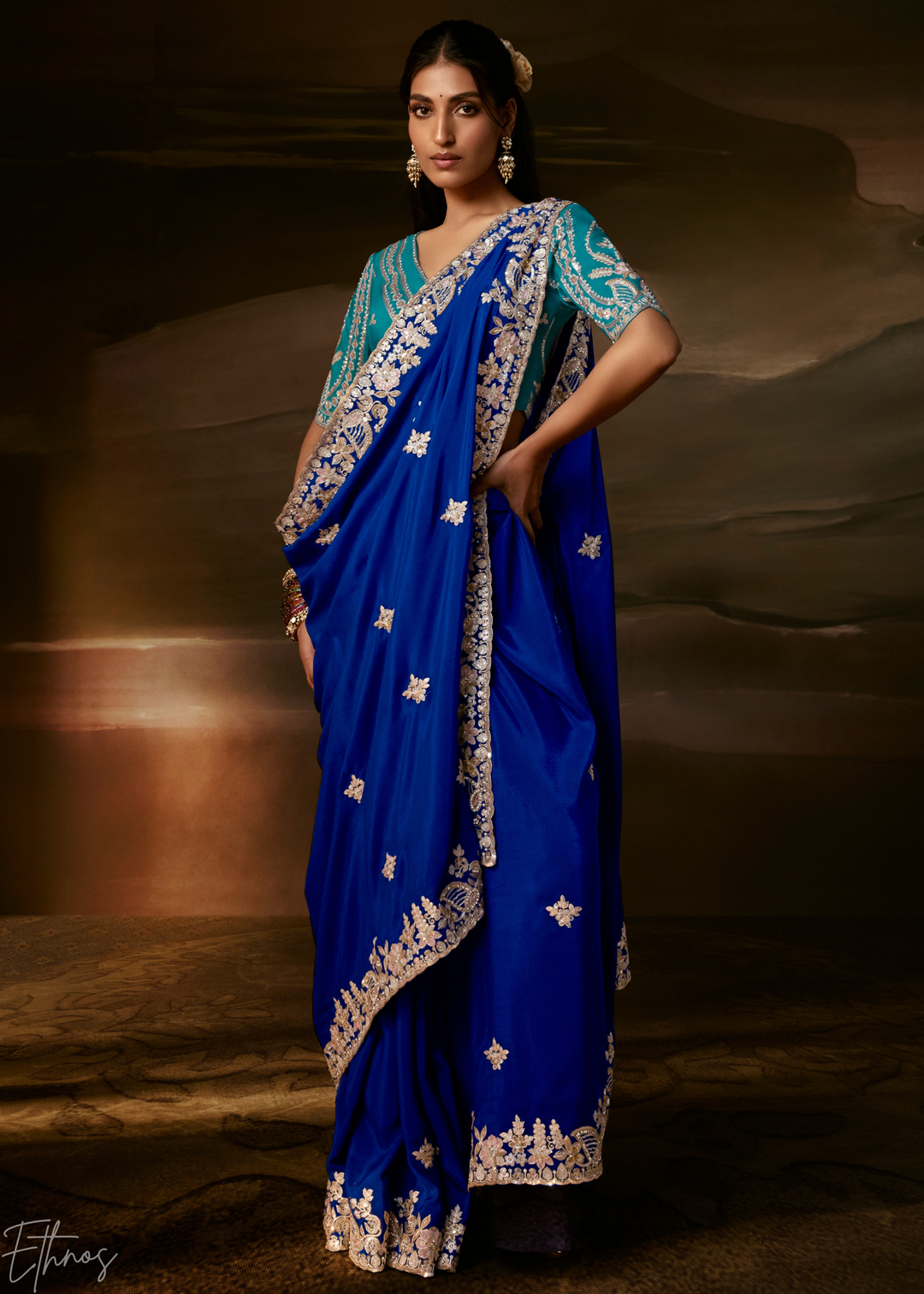 Royal Sapphire Cutwork Scallop Border Organza Saree