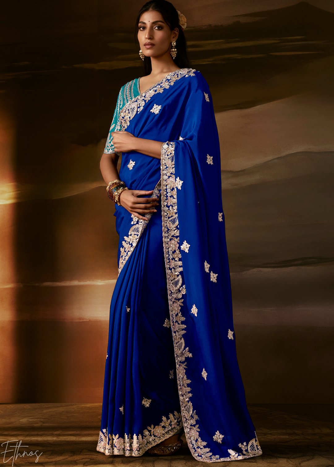 Royal Sapphire Cutwork Scallop Border Organza Saree