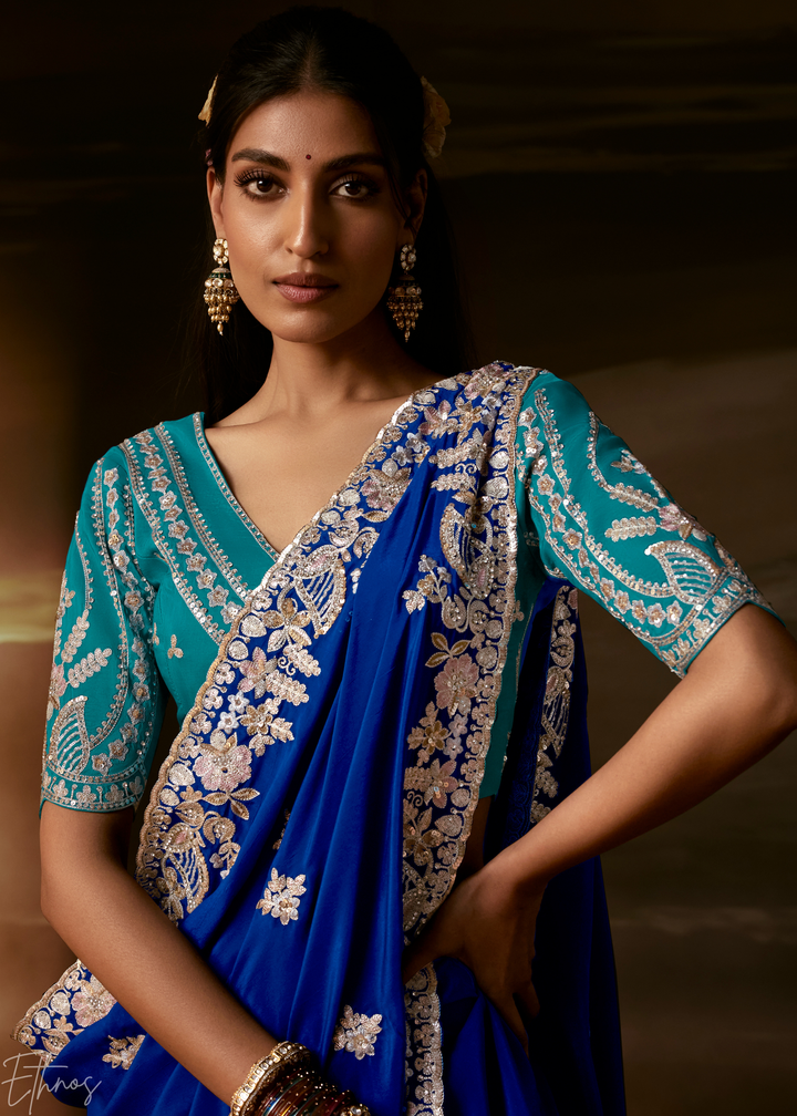 Royal Sapphire Cutwork Scallop Border Organza Saree
