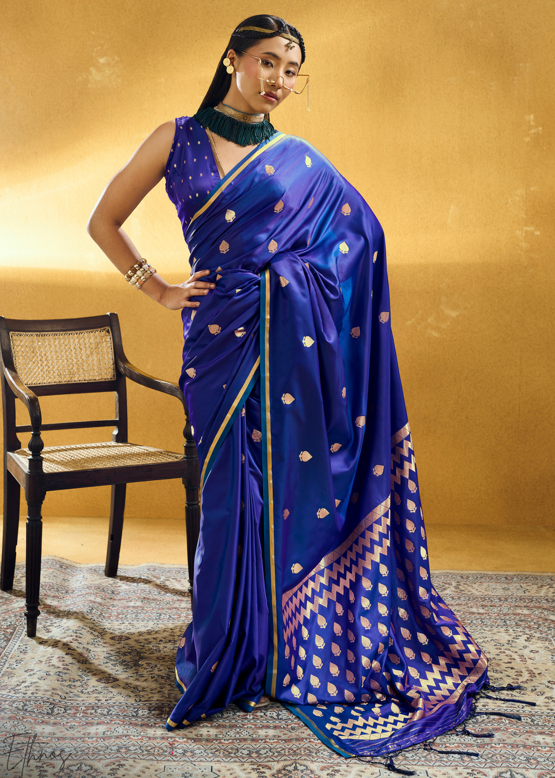 Royal Sapphire Leheriya Chevron Satin Saree