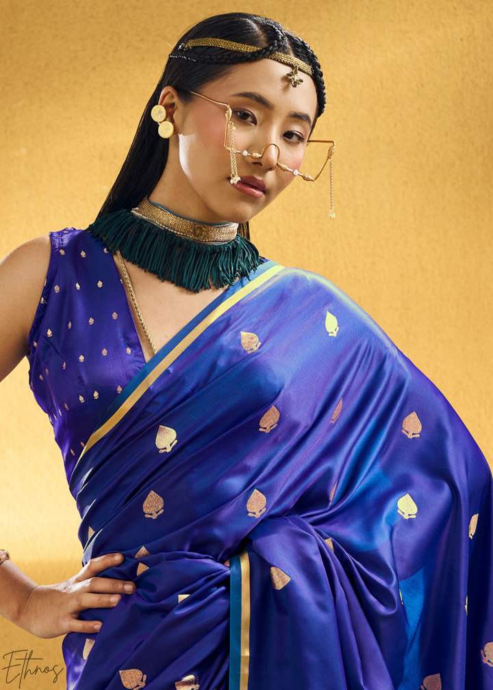 Royal Sapphire Leheriya Chevron Satin Saree