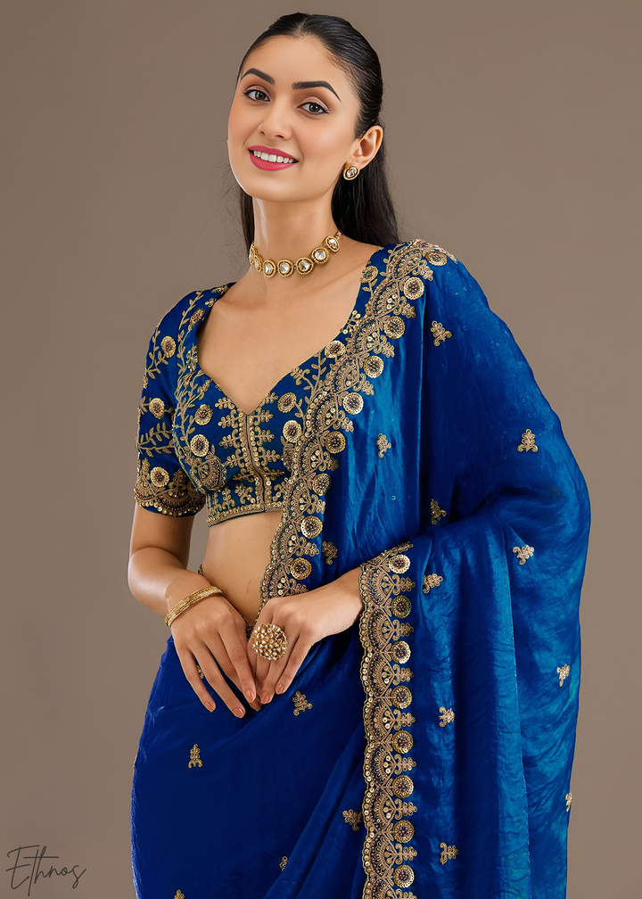Royal Sapphire Stellar Border Tissue Silk Saree