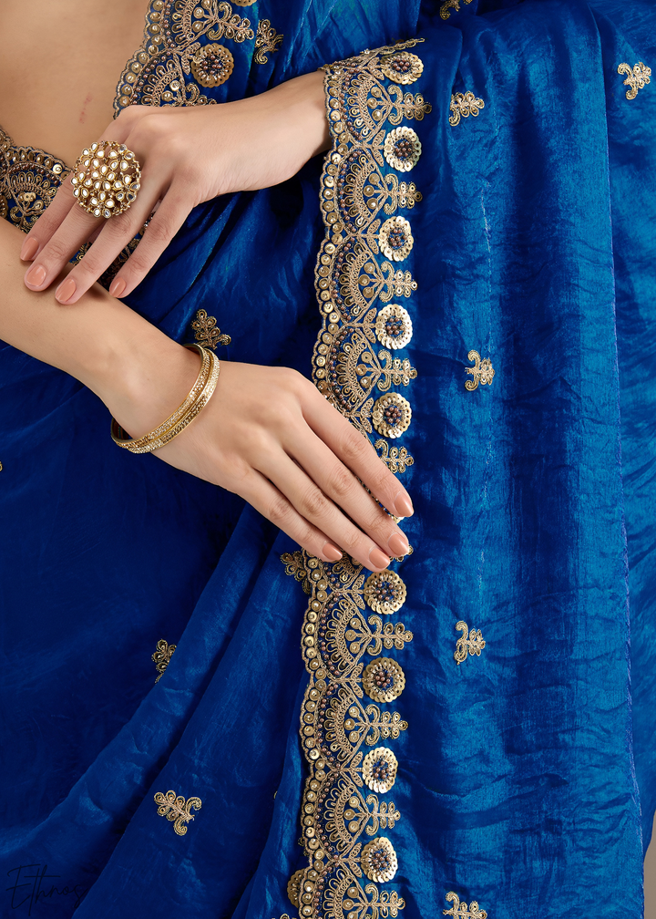 Royal Sapphire Stellar Border Tissue Silk Saree