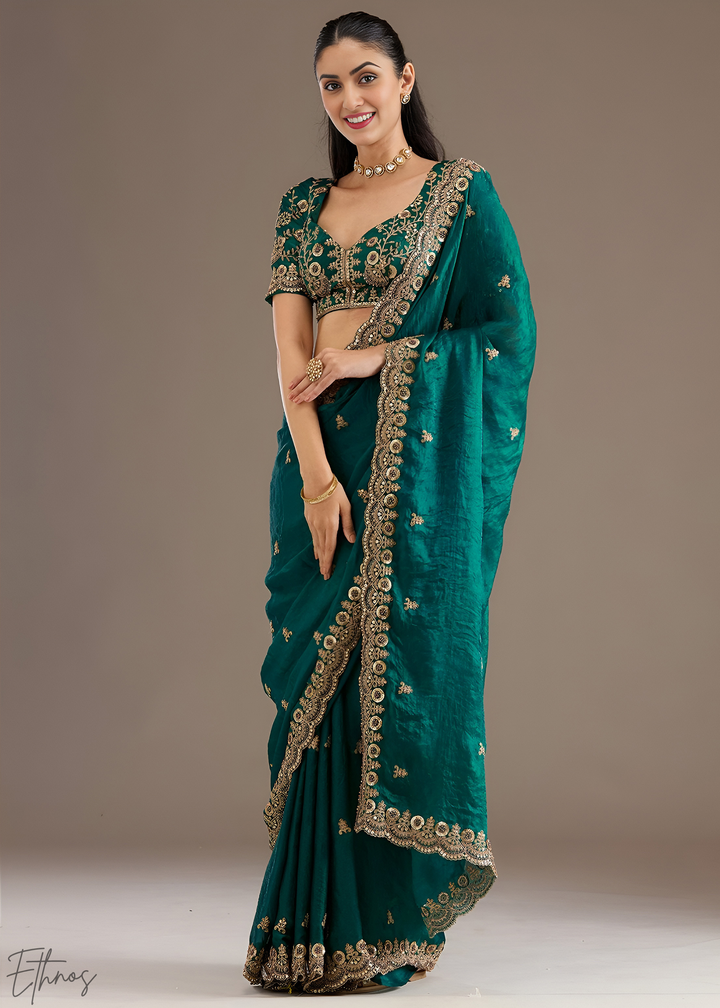 Royal Turquoise Stellar Border Tissue Silk Saree