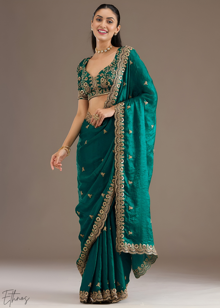 Royal Turquoise Stellar Border Tissue Silk Saree