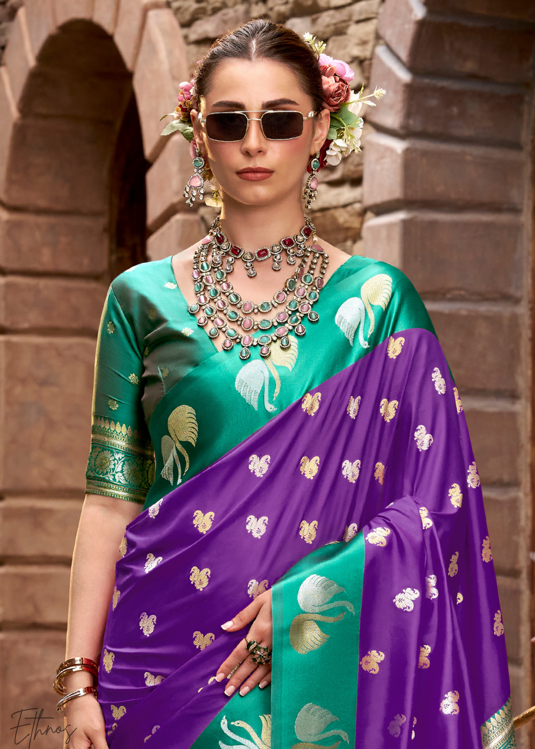 Royal Violet Ethereal Swan Satin Silk Saree