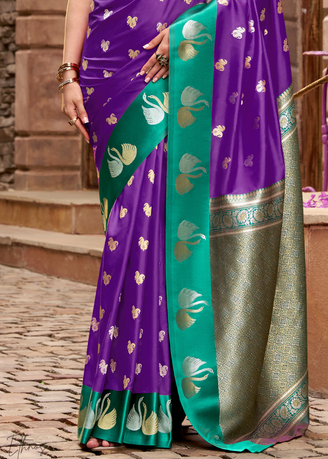 Royal Violet Ethereal Swan Satin Silk Saree
