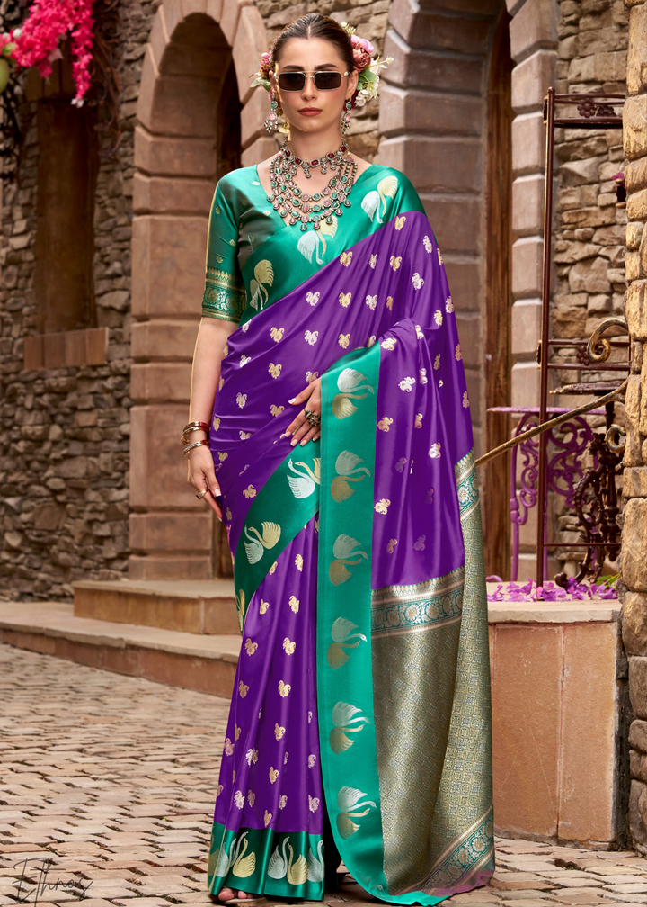 Royal Violet Ethereal Swan Satin Silk Saree