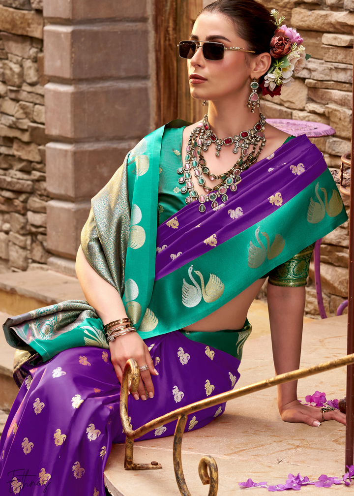Royal Violet Ethereal Swan Satin Silk Saree