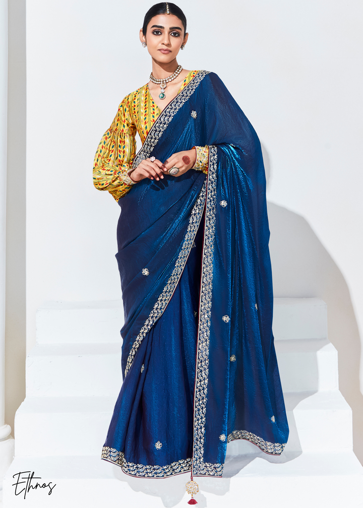 Royal Blue Glass Tissue Organza Saree