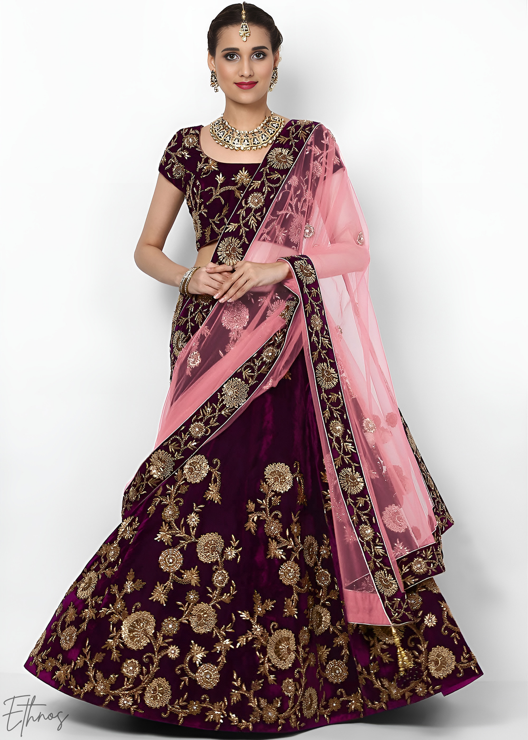 Dark Wine Heavy Floral Embroidered Velvet Lehenga