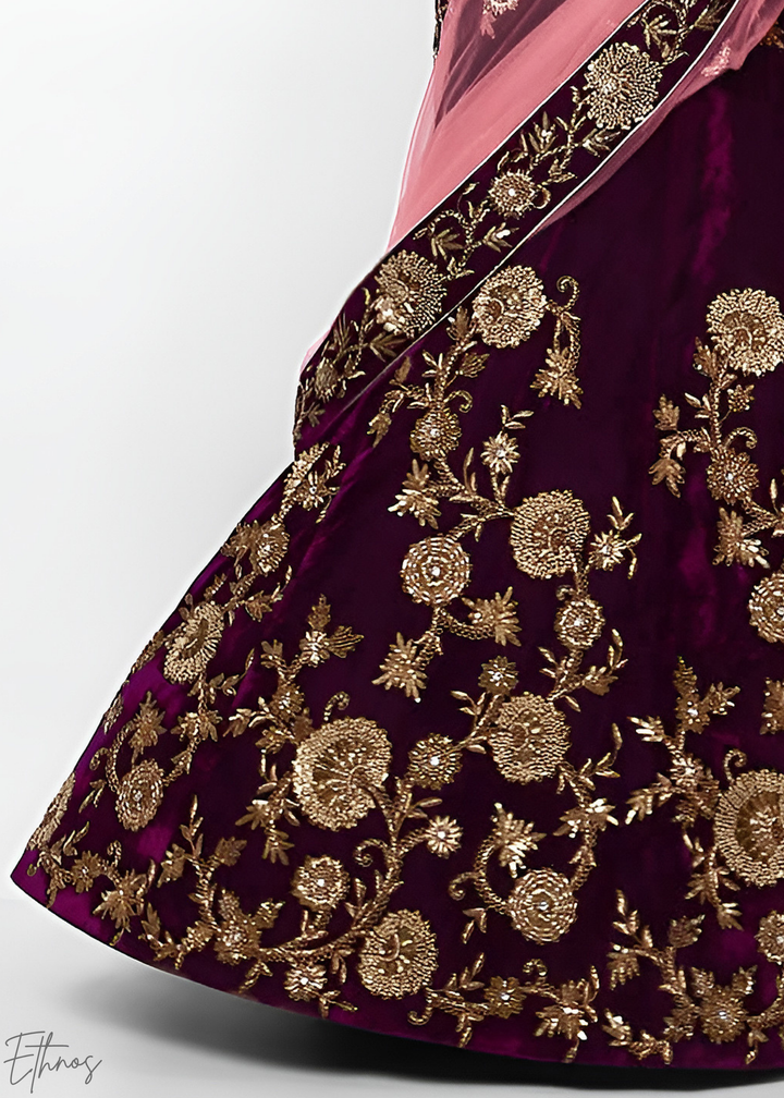 Dark Wine Heavy Floral Embroidered Velvet Lehenga