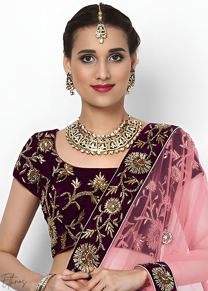 Dark Wine Heavy Floral Embroidered Velvet Lehenga