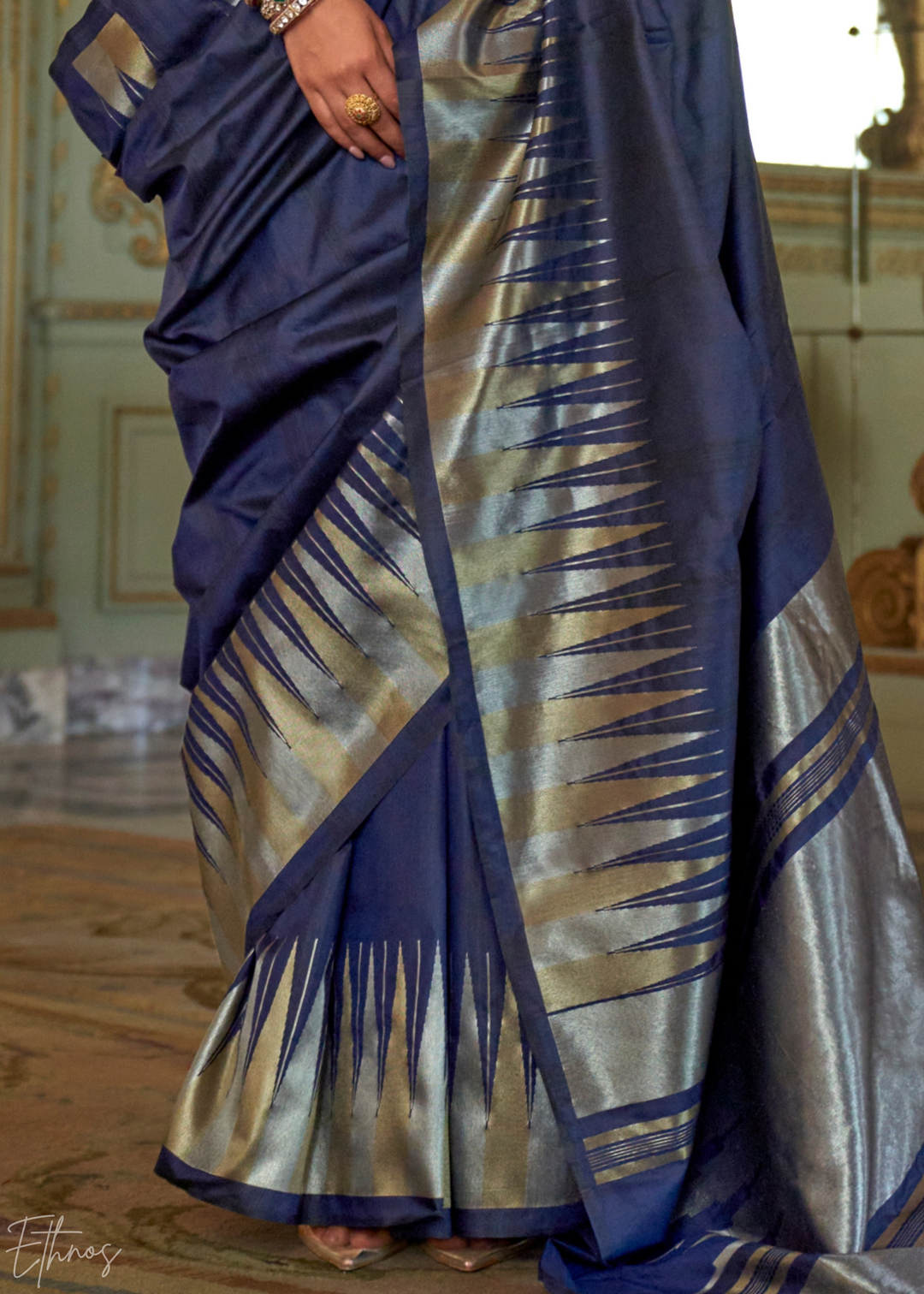 Royal Navy Metallic Temple Wave Silk Saree