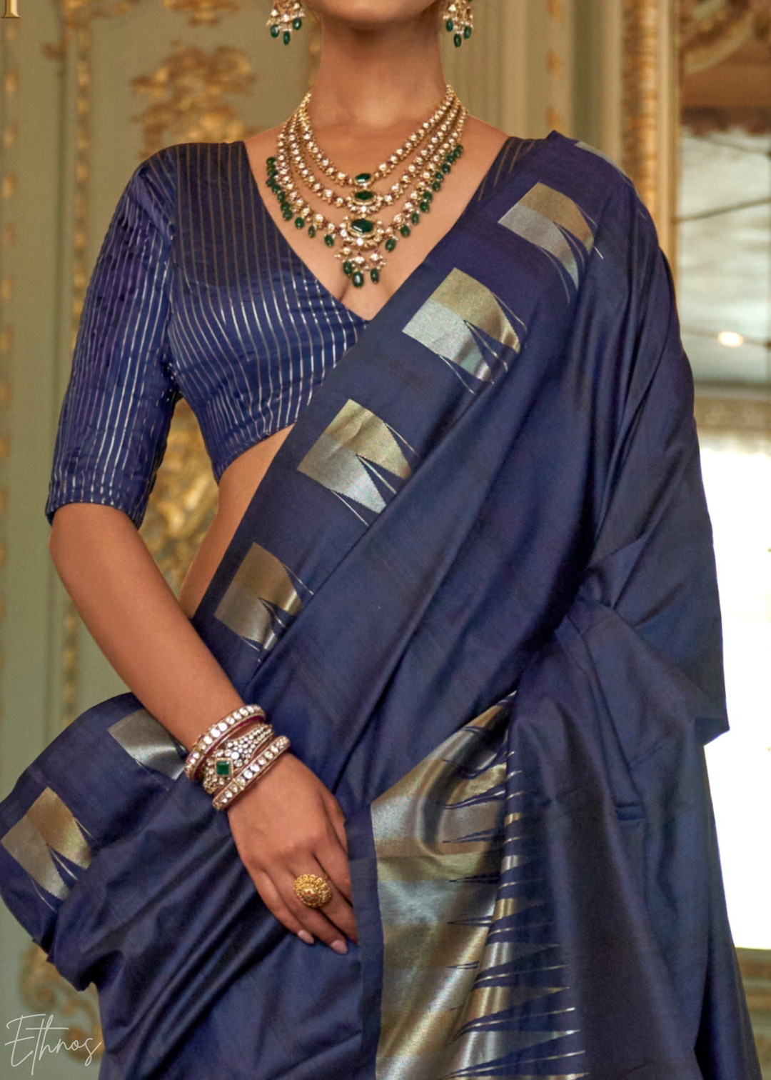 Royal Navy Metallic Temple Wave Silk Saree