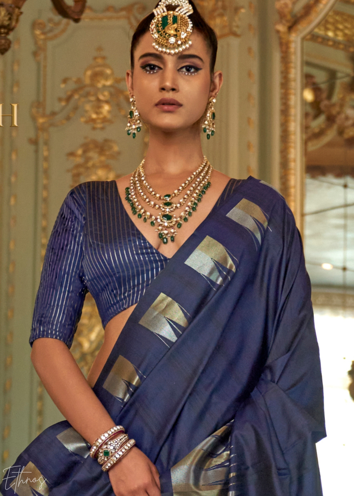 Royal Navy Metallic Temple Wave Silk Saree
