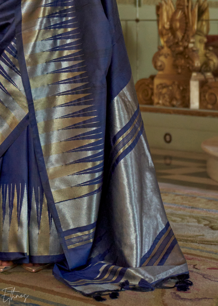 Royal Navy Metallic Temple Wave Silk Saree