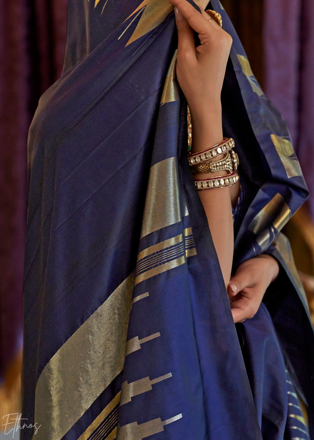 Royal Navy Metallic Temple Wave Silk Saree